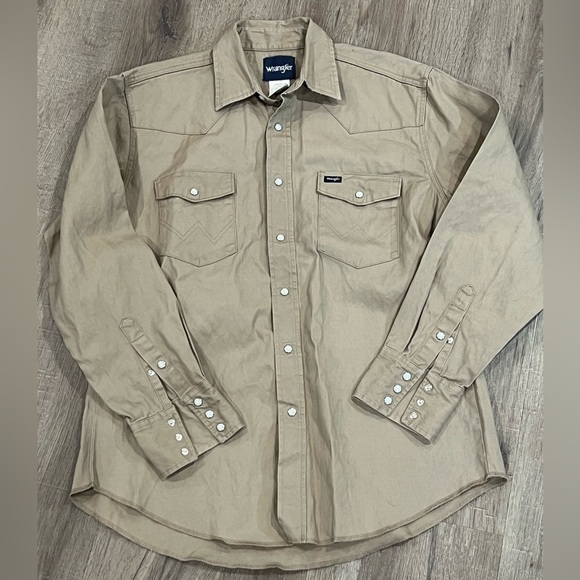 Men’s Vintage VTG Wrangler Pearl Snap Buttons Tan Brown Shirt Jacket Starched - Picture 1 of 9